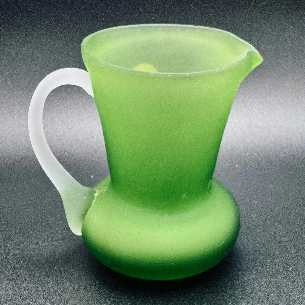 Pilgrim Glass‎ Handblown Frosted Satin Lime Green Mini Pitcher Vintage Name Tag